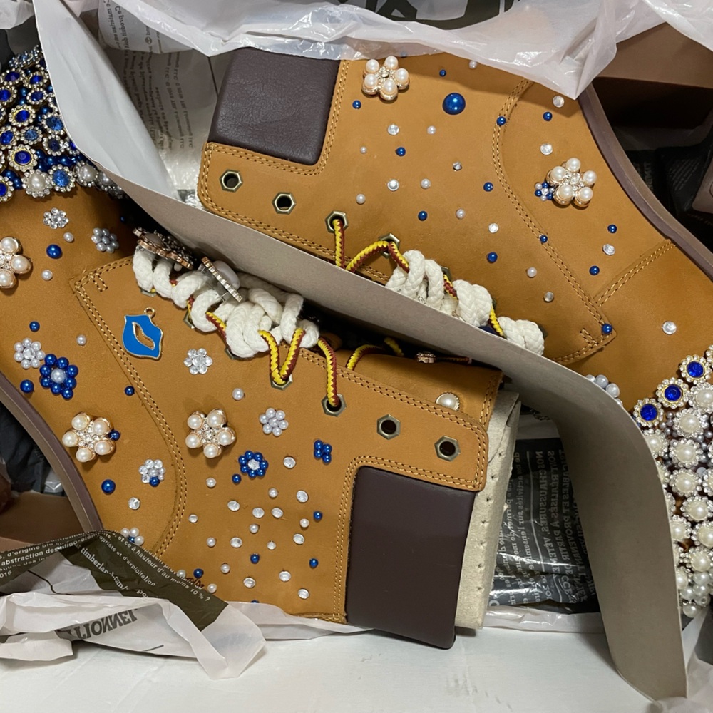 Timberland Tan Embellished Lace Up Boots